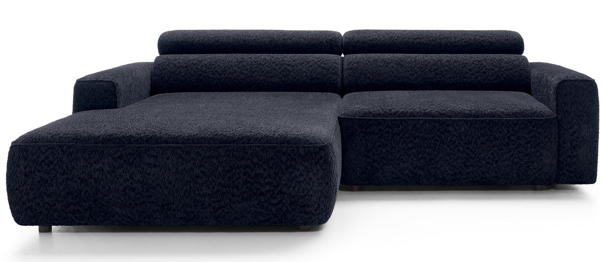 Canapé d'angle Fando avec assise électrique rétractable, forme en L, côté gauche, tissu chenille bleu marine