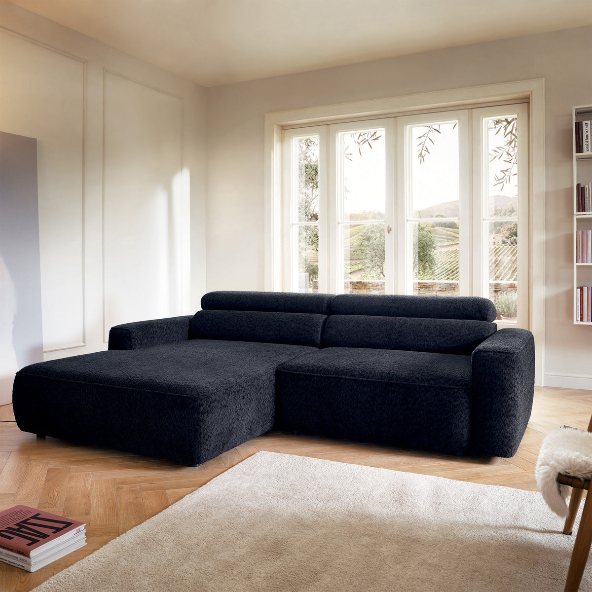 Canapé d'angle Fando avec assise électrique rétractable, forme en L, côté gauche, tissu chenille bleu marine