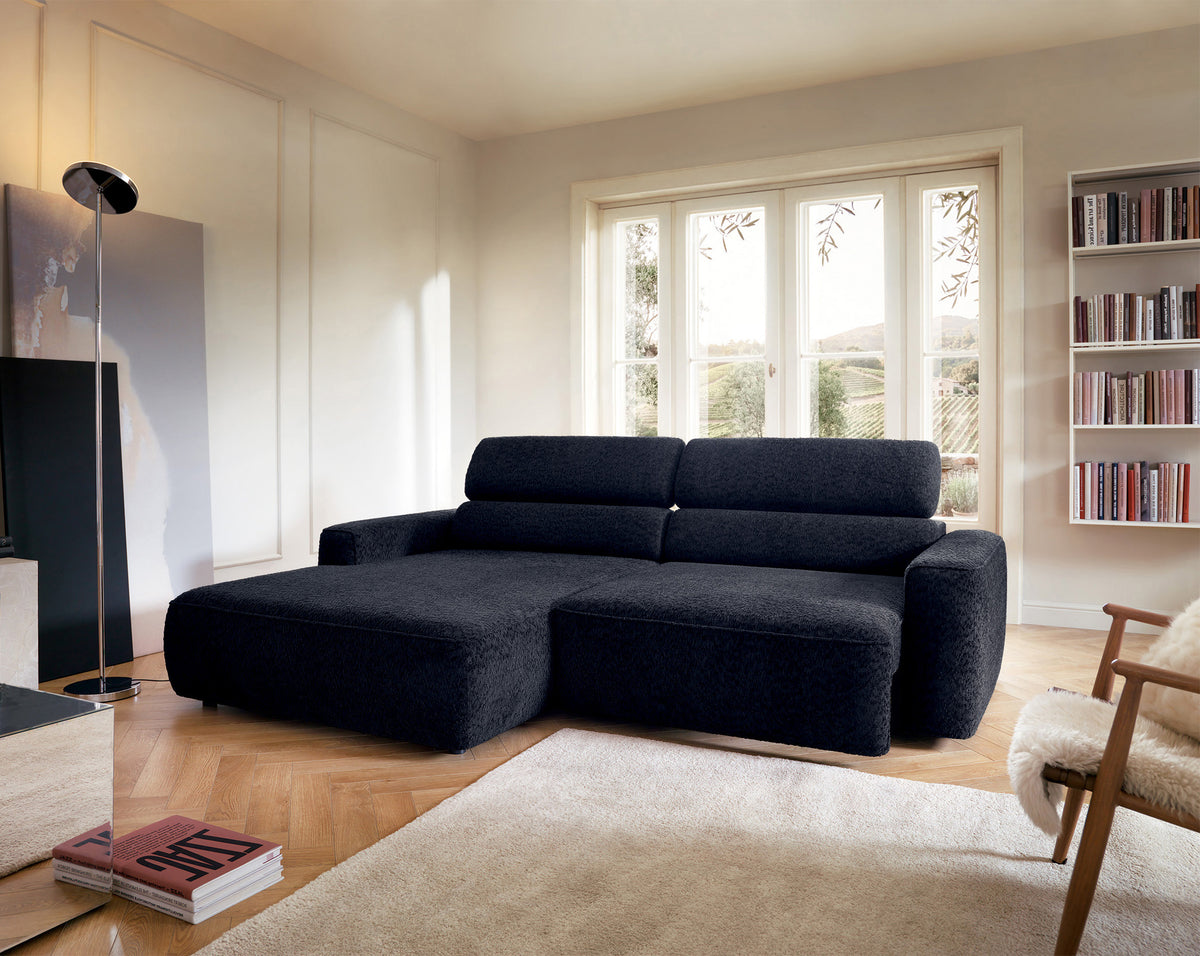 Canapé d'angle Fando avec assise électrique rétractable, forme en L, côté gauche, tissu chenille bleu marine
