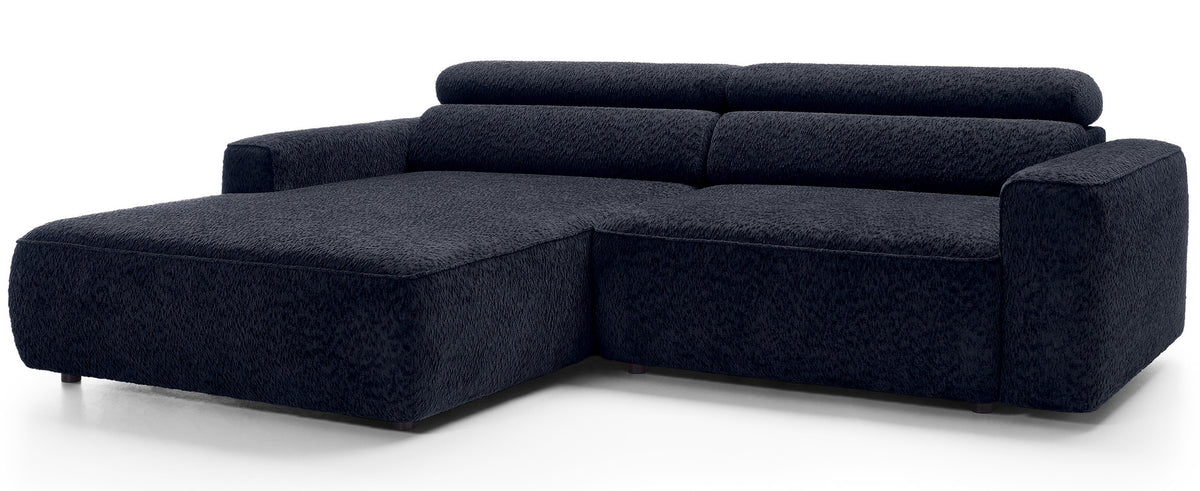 Canapé d'angle Fando avec assise électrique rétractable, forme en L, côté gauche, tissu chenille bleu marine