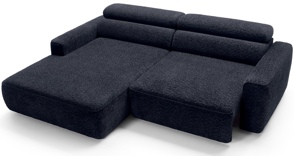 Canapé d'angle Fando avec assise électrique rétractable, forme en L, côté gauche, tissu chenille bleu marine