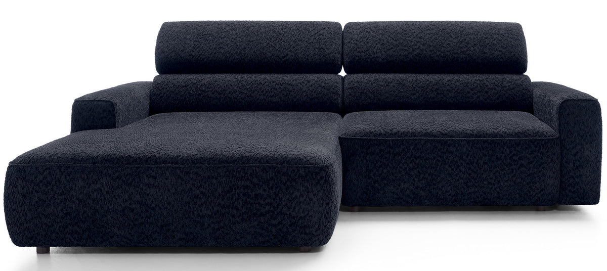 Canapé d'angle Fando avec assise électrique rétractable, forme en L, côté gauche, tissu chenille bleu marine