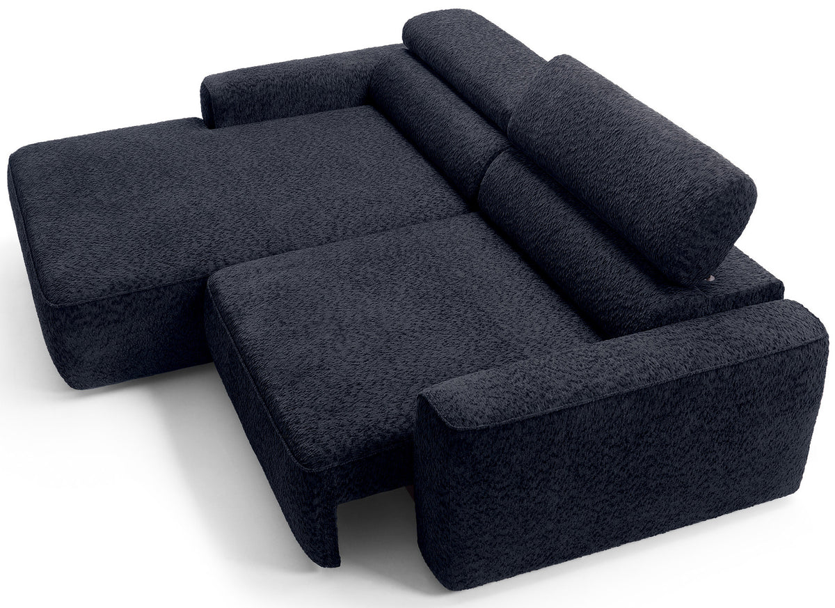 Canapé d'angle Fando avec assise électrique rétractable, forme en L, côté gauche, tissu chenille bleu marine