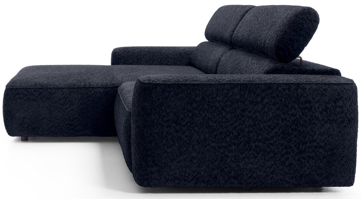 Canapé d'angle Fando avec assise électrique rétractable, forme en L, côté gauche, tissu chenille bleu marine