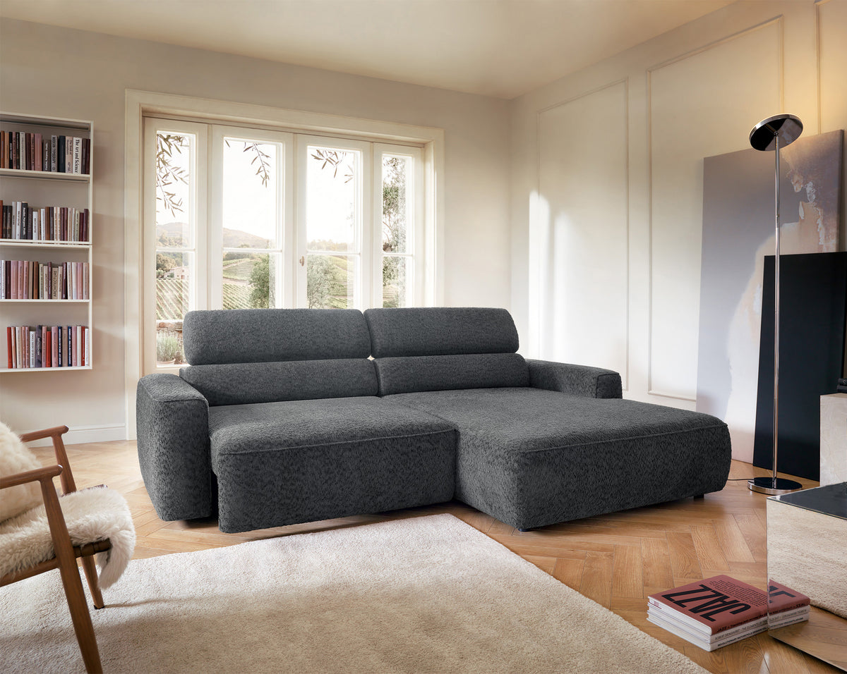 Canapé d’angle droit Fando avec assise électrique extensible, tissu chenille gris foncé, forme en L