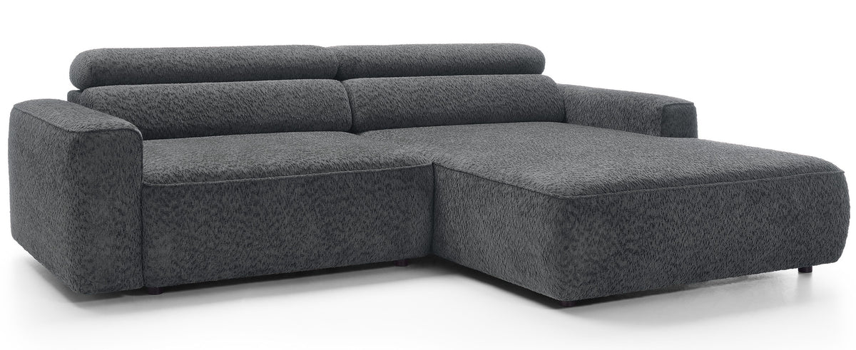 Canapé d’angle droit Fando avec assise électrique extensible, tissu chenille gris foncé, forme en L