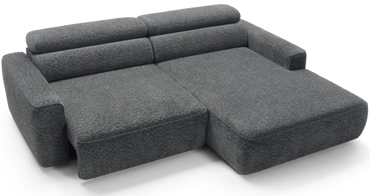 Canapé d’angle droit Fando avec assise électrique extensible, tissu chenille gris foncé, forme en L