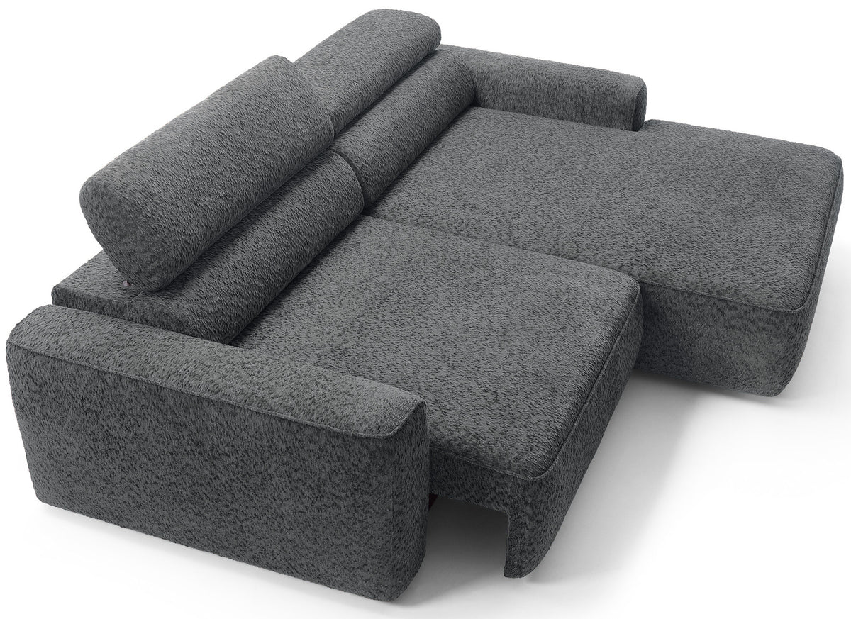 Canapé d’angle droit Fando avec assise électrique extensible, tissu chenille gris foncé, forme en L