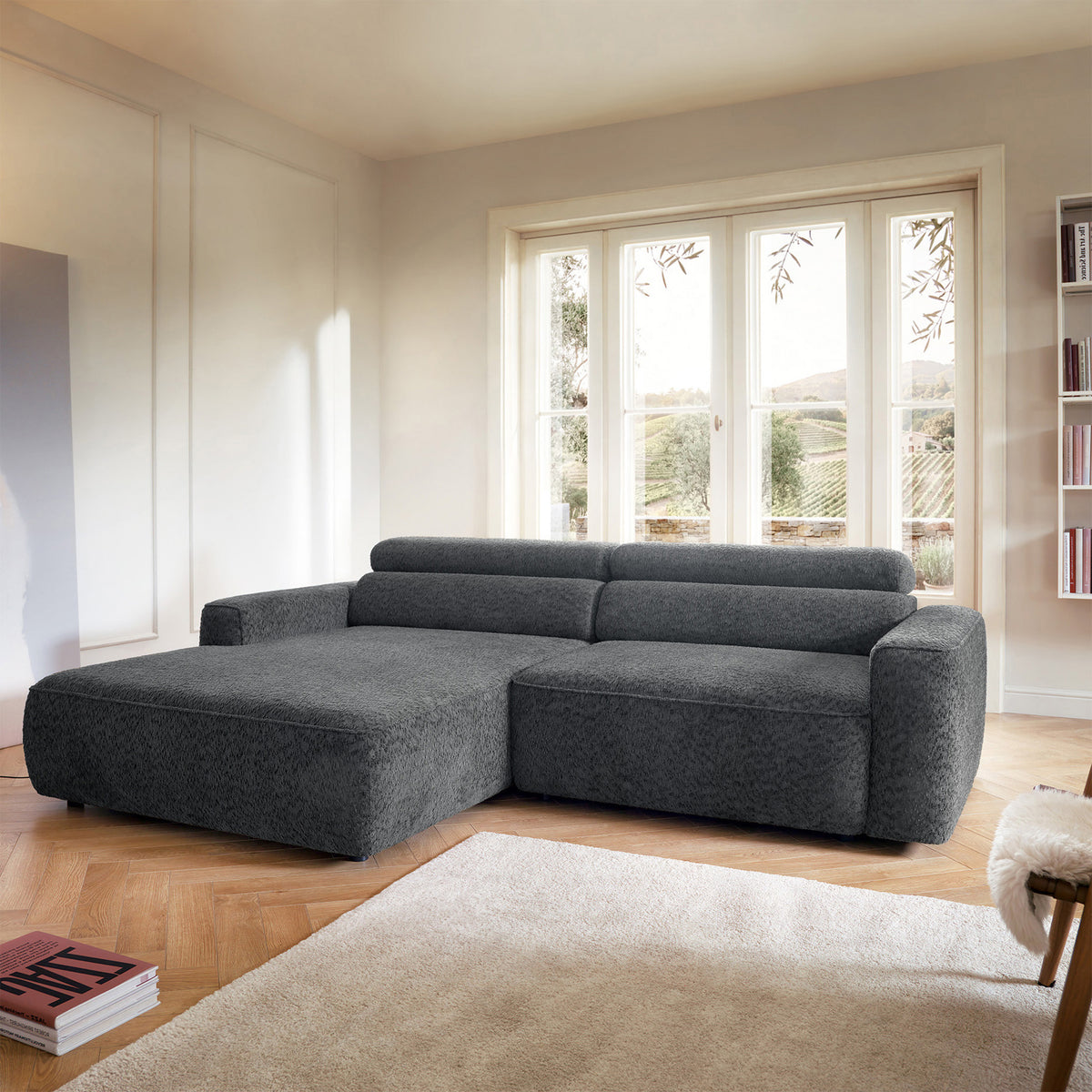Canapé d’angle Fando avec assise électrique escamotable, forme en L, côté gauche, en chenille gris foncé