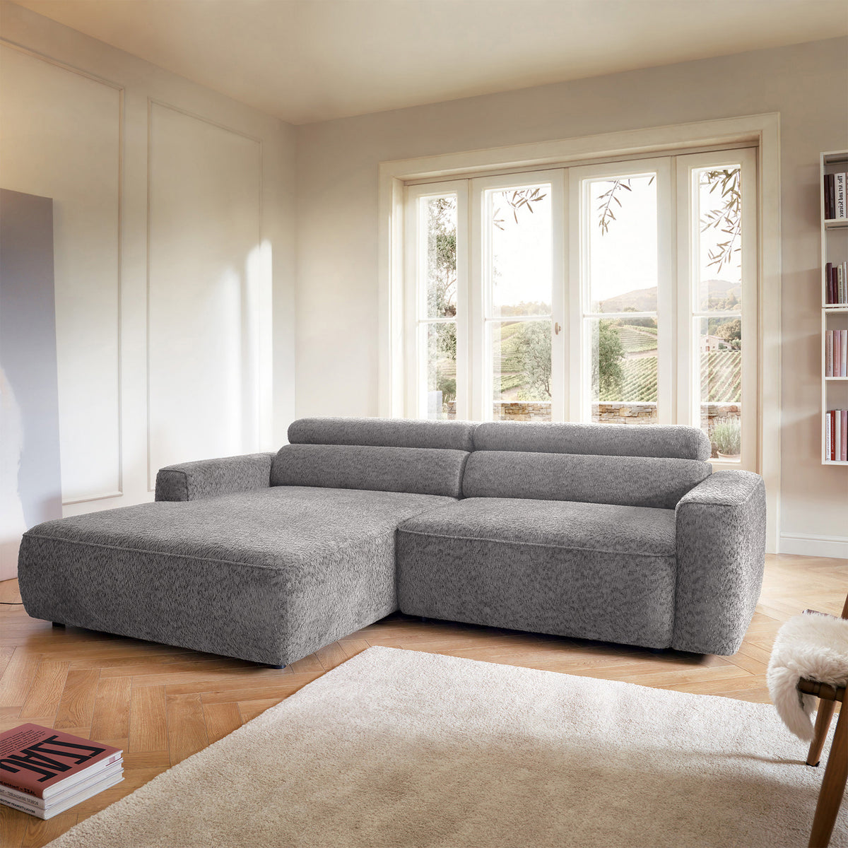 Canapé d'angle Fando avec assise électrique rétractable, forme en L, côté gauche, tissu chenille gris clair