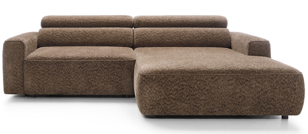 Canapé d’angle droit Fando avec siège électrique escamotable, forme en L, en tissu chenille marron clair