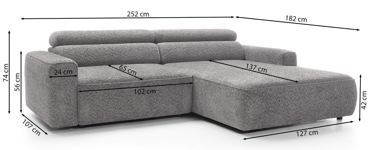 Canapé d'angle Fando avec assise électrique coulissante, forme en L, côté gauche, tissu chenille marron