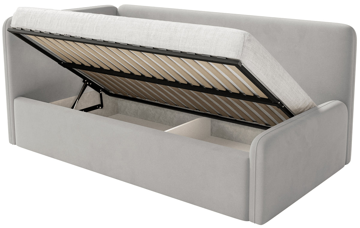 Jugendbett 120x200 cm Fanklo linksseitig mit Matratze, Stauraum und hellgrauen, wasserabweisenden, pflegeleichten Samt-Gittern