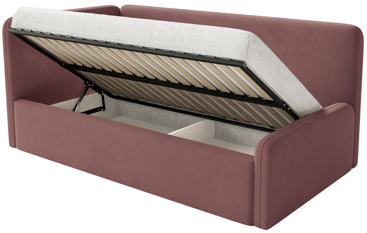 Lit junior 120x200 cm Fanklo gauche avec rangement et barrières, velours rose hydrofuge et facile à nettoyer