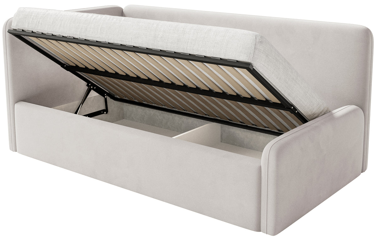 Lit jeune 120x200 cm Fanklo gauche avec matelas et coffre beige clair velours hydrofuge facile à nettoyer