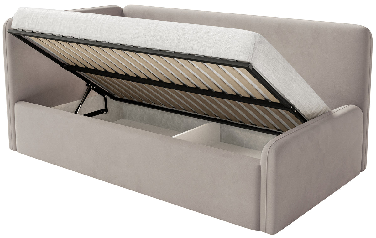 Jugendbett 120x200 cm Fanklo linksseitig mit Stauraum und Geländern, grau-beiger Velours, wasserabweisend und leicht zu reinigen