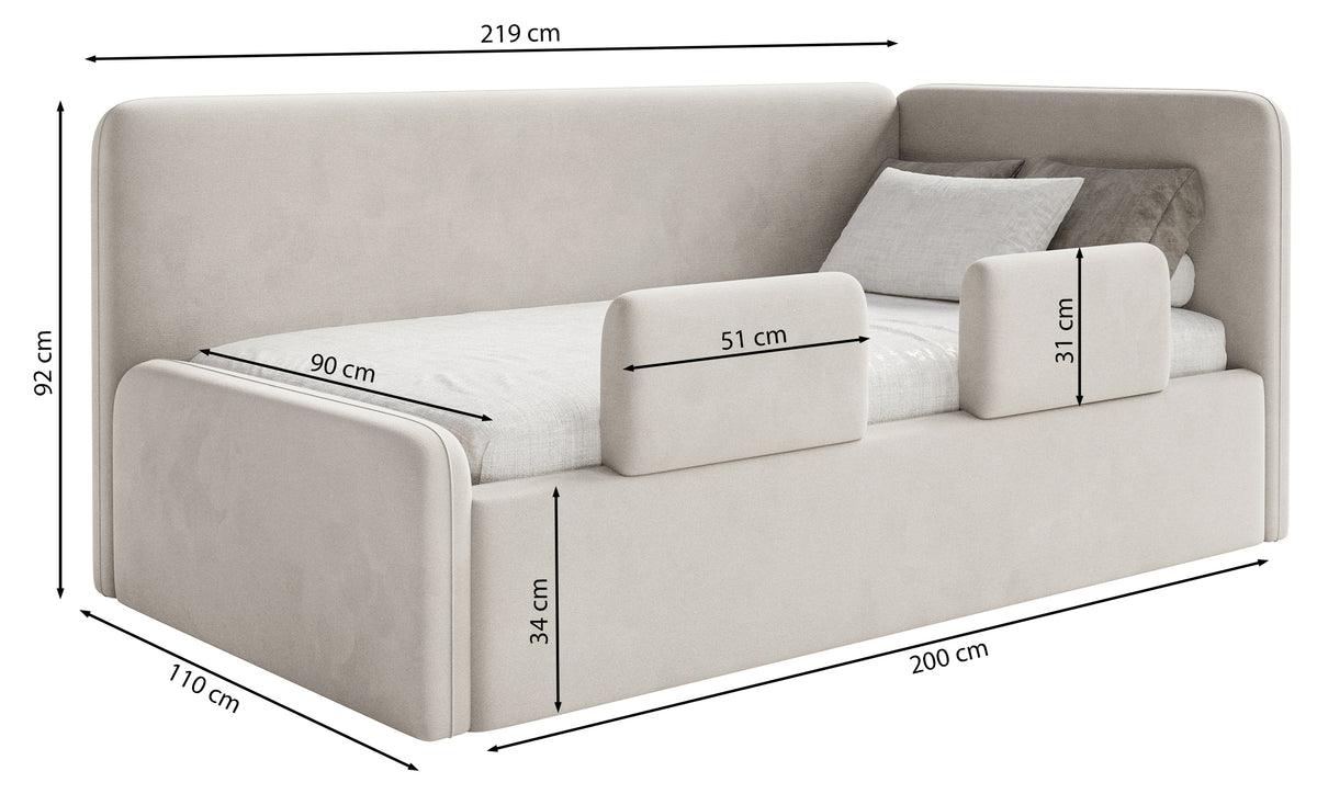 Jugendbett 90x200 cm Fanklo linksseitig mit Stauraum und blauem Plüsch-Hydrophob-Geländer