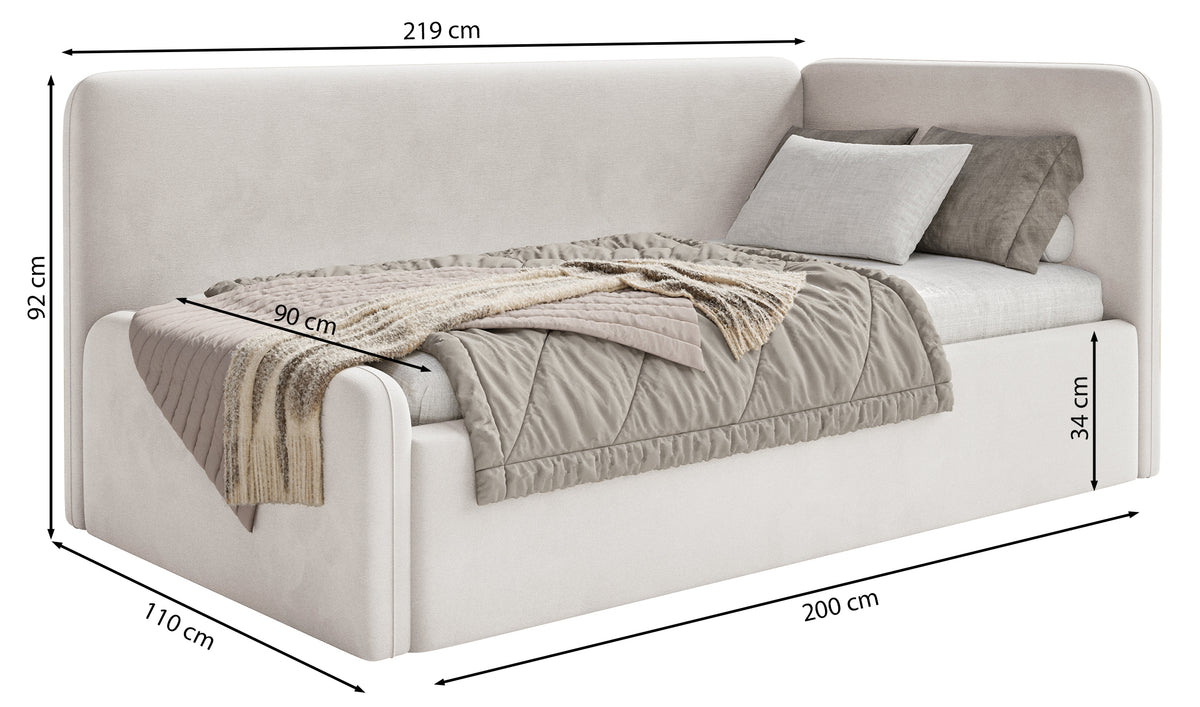 Jugendbett 90x200 cm Fanklo rechtsseitig mit Stauraum, grauer wasserabweisender Plüsch