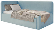 Jugendbett 90x200 cm Fanklo linksseitig mit Stauraum, hellblauer Velours, wasserabweisend und pflegeleicht