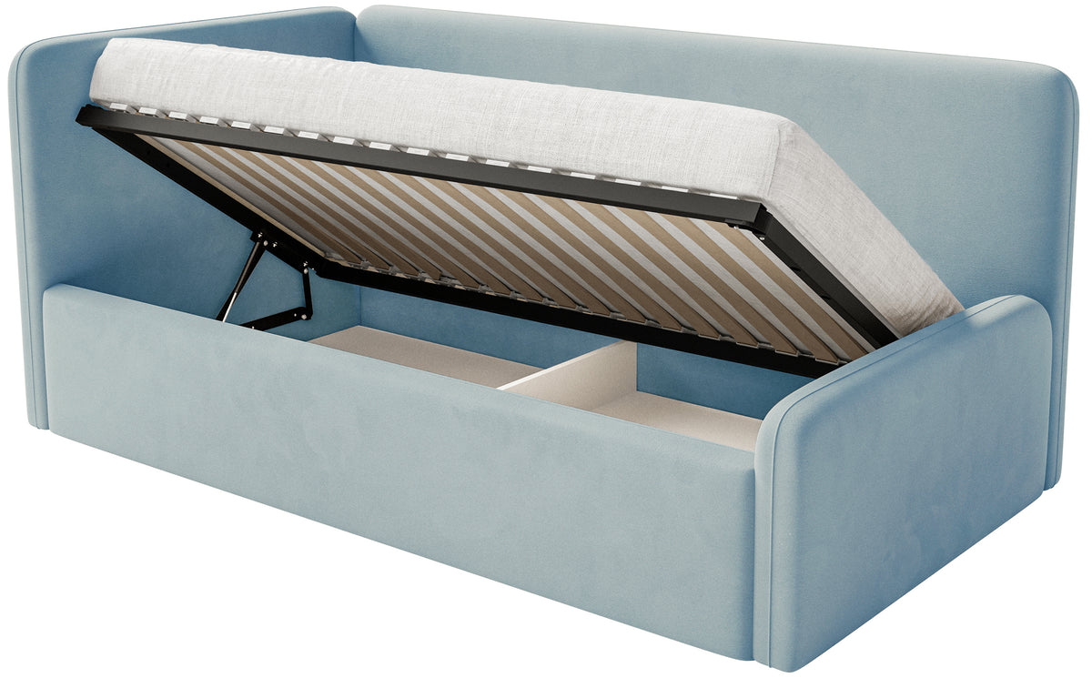 Jugendbett 90x200 cm Fanklo linksseitig mit Stauraum und blauen Samt-Hydrophob-Schutzgeländern, leicht zu reinigen