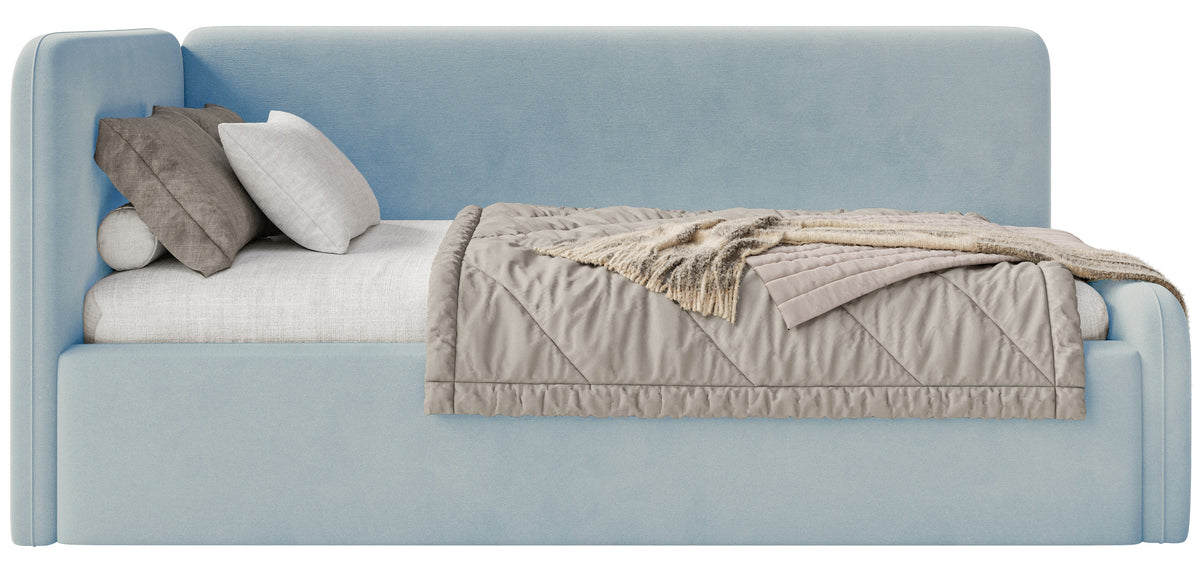 Jugendbett 90x200 cm Fanklo linksseitig mit Stauraum und blauen Samt-Hydrophob-Schutzgeländern, leicht zu reinigen
