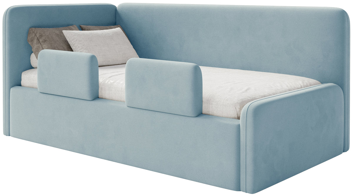 Jugendbett 90x200 cm Fanklo linksseitig mit Stauraum und blauen Samt-Hydrophob-Schutzgeländern, leicht zu reinigen