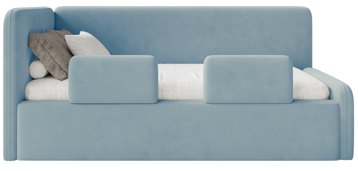 Jugendbett 90x200 cm Fanklo linksseitig mit Stauraum und blauen Samt-Hydrophob-Schutzgeländern, leicht zu reinigen