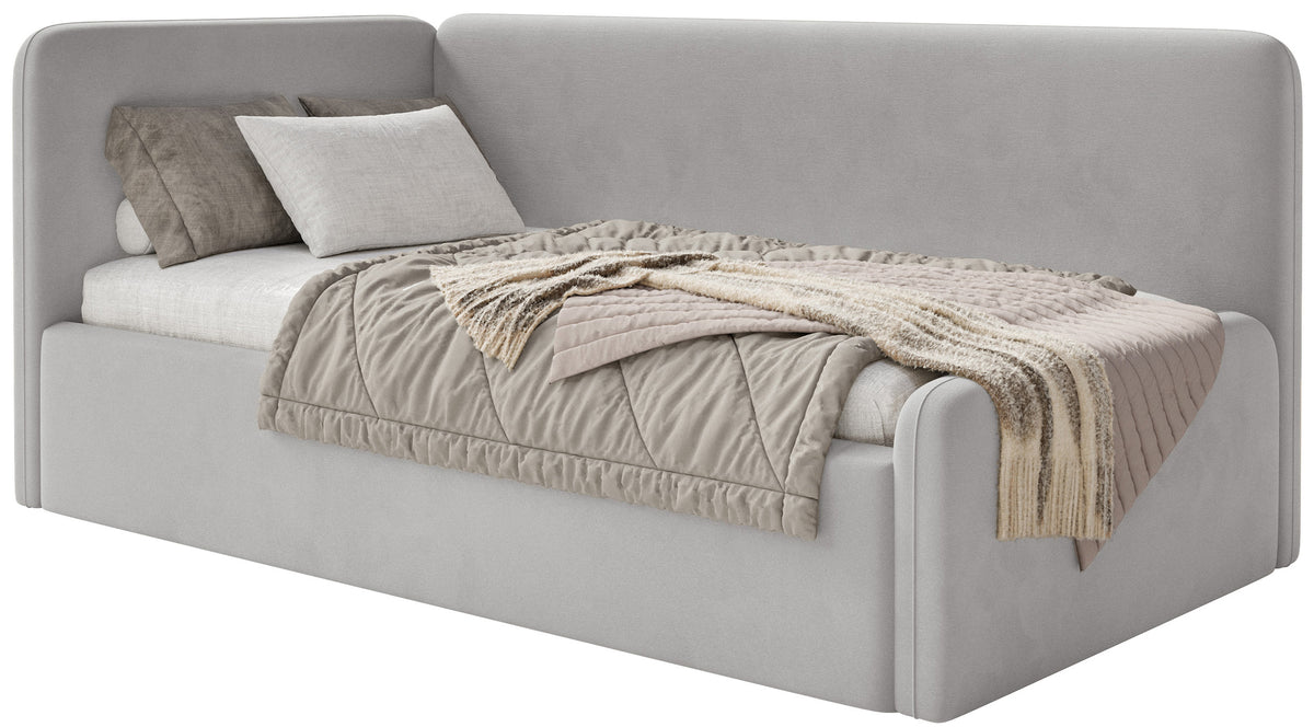 Jugendbett 90x200 cm Fanklo linksseitig mit Matratze und Stauraum, hellgrauer Samt, wasserabweisend und leicht zu reinigen