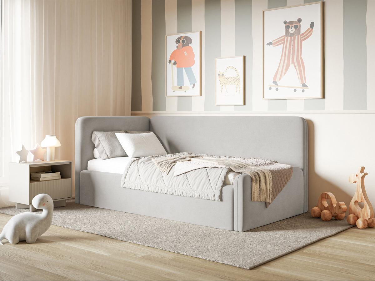 Jugendbett 120x200 cm Fanklo linksseitig mit Matratze, Stauraum und hellgrauen, wasserabweisenden, pflegeleichten Samt-Gittern
