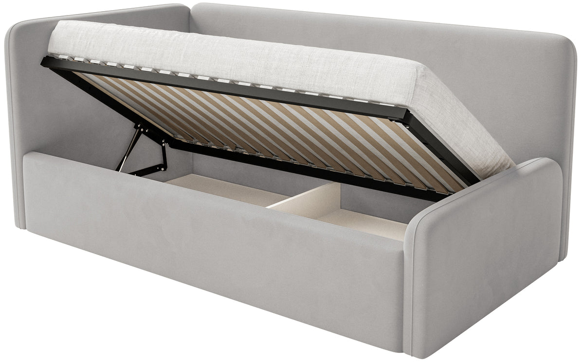 Jugendbett 90x200 cm Fanklo linksseitig mit Matratze und Stauraum, hellgrauer Samt, wasserabweisend und leicht zu reinigen