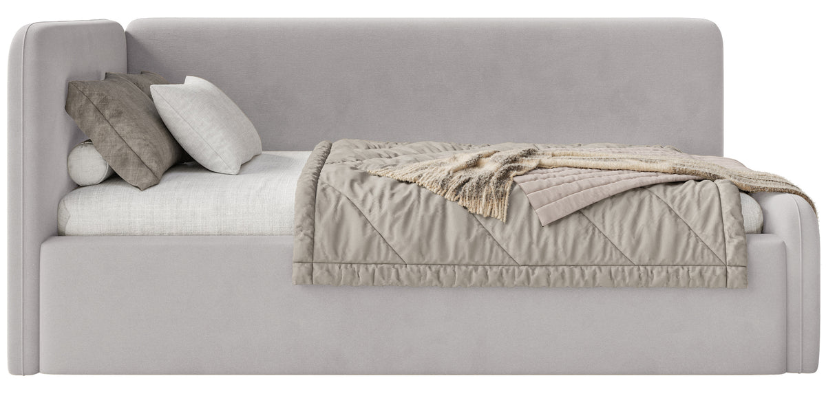 Jugendbett 90x200 cm Fanklo linksseitig mit Matratze und Stauraum, hellgrauer Samt, wasserabweisend und leicht zu reinigen