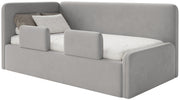 Jugendbett 120x200 cm Fanklo linksseitig mit Matratze, Stauraum und hellgrauen, wasserabweisenden, pflegeleichten Samt-Gittern