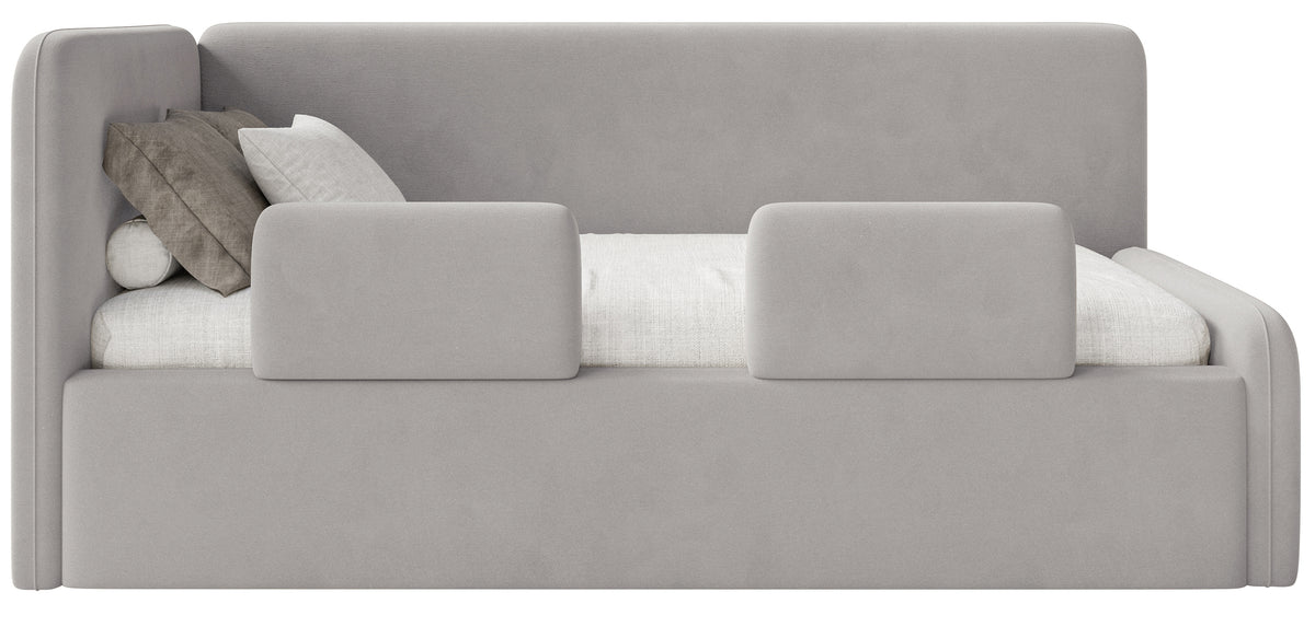 Lit jeune 90x200 cm Fanklo gauche avec rangement et barrières velours hydrofuge gris clair facile à nettoyer