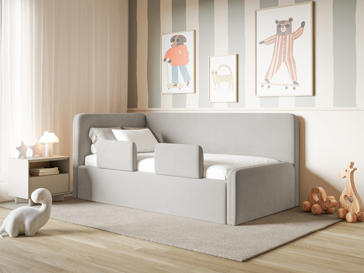Jugendbett 120x200 cm Fanklo linksseitig mit Matratze, Stauraum und hellgrauen, wasserabweisenden, pflegeleichten Samt-Gittern