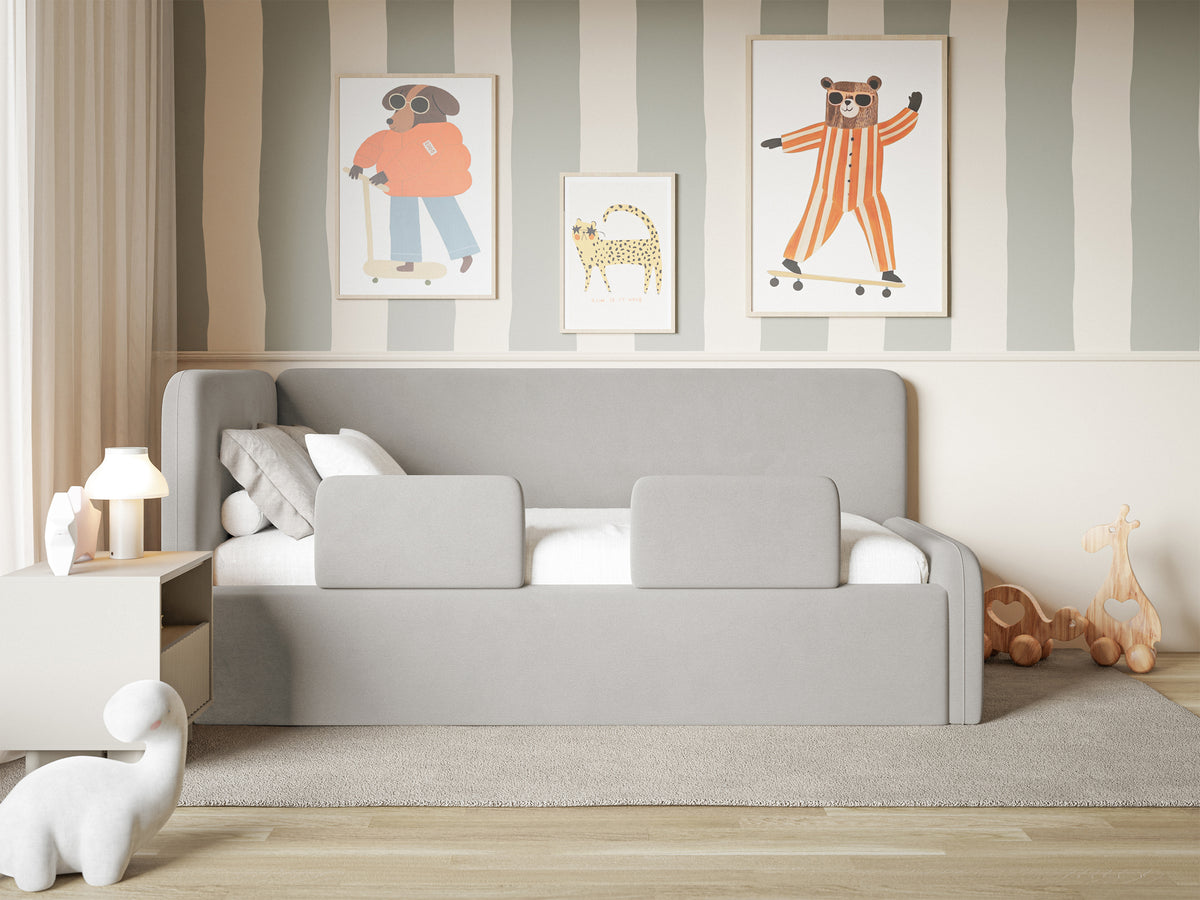 Lit jeune 90x200 cm Fanklo gauche avec rangement et barrières velours hydrofuge gris clair facile à nettoyer