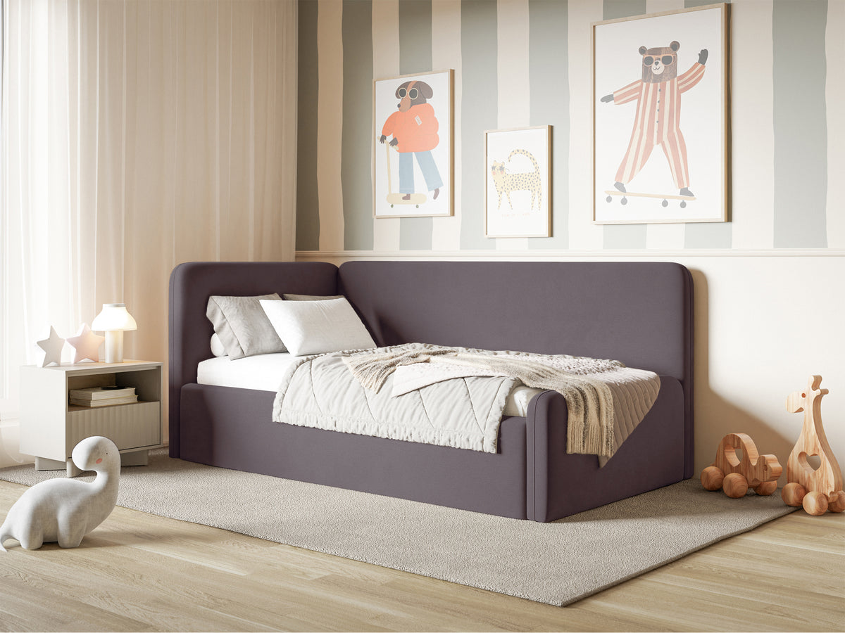 Jugendbett 120x200 cm Fanklo linksseitig mit Stauraum und Geländern, violetter Velours, wasserabweisend und leicht zu reinigen