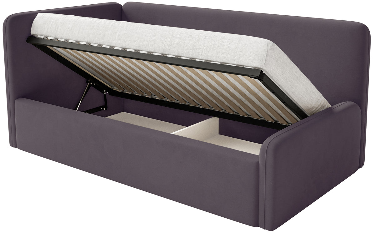 Jugendbett 90x200 cm Fanklo linksseitig mit Stauraum, violetter Velours, wasserabweisend und pflegeleicht