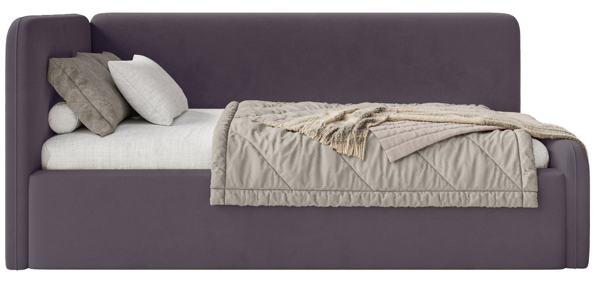 Jugendbett 90x200 cm Fanklo linksseitig mit Stauraum, violetter Velours, wasserabweisend und pflegeleicht