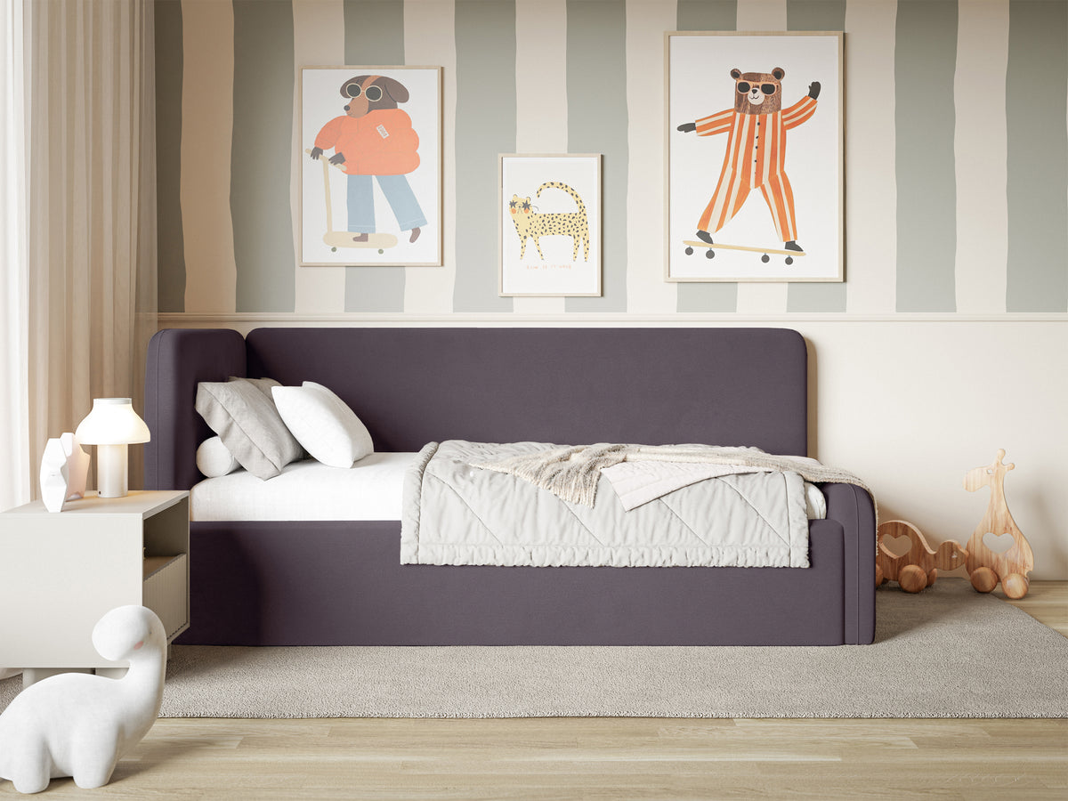 Jugendbett 90x200 cm Fanklo linksseitig mit Stauraum, violetter Velours, wasserabweisend und pflegeleicht
