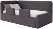Lit junior 90x200 cm Fanklo gauche avec matelas, rangement et barrières, velours violet hydrofuge et facile à nettoyer