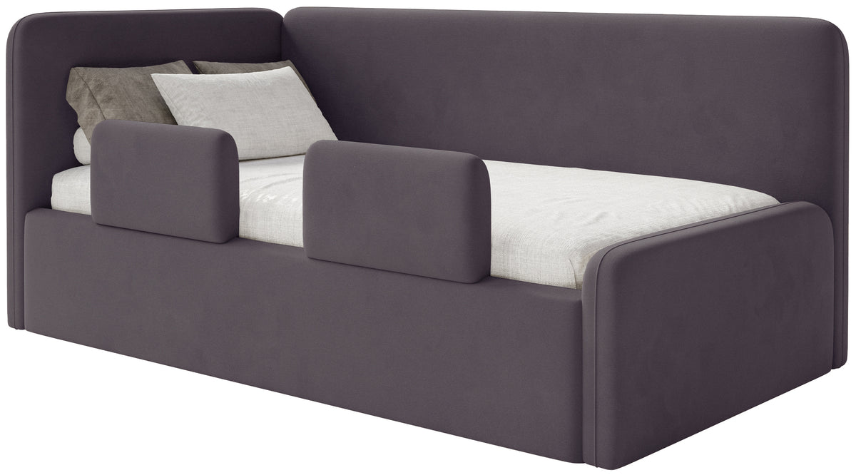 Lit junior 90x200 cm Fanklo gauche avec matelas, rangement et barrières, velours violet hydrofuge et facile à nettoyer