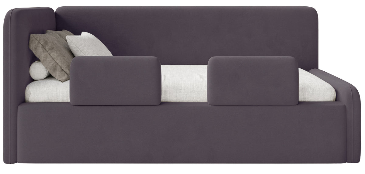 Lit junior 90x200 cm Fanklo gauche avec matelas, rangement et barrières, velours violet hydrofuge et facile à nettoyer