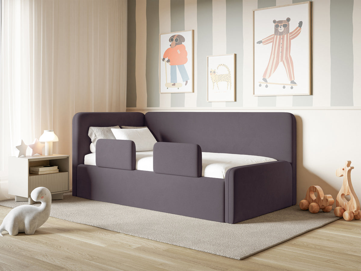 Jugendbett 120x200 cm Fanklo linksseitig mit Stauraum und Geländern, violetter Velours, wasserabweisend und leicht zu reinigen