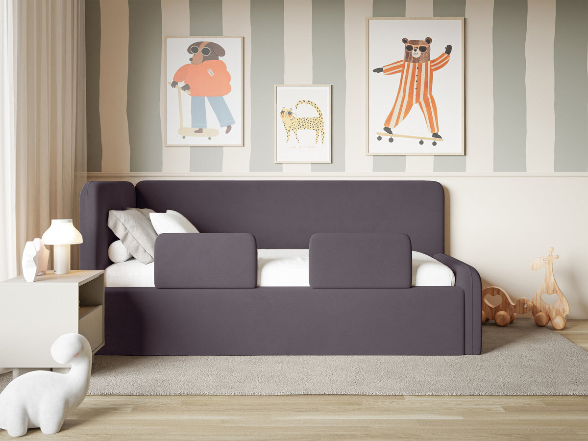 Lit junior 90x200 cm Fanklo gauche avec matelas, rangement et barrières, velours violet hydrofuge et facile à nettoyer