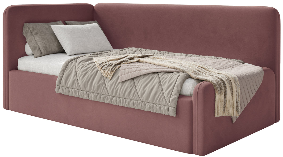 Lit junior 120x200 cm Fanklo gauche avec rangement et barrières, velours rose hydrofuge et facile à nettoyer