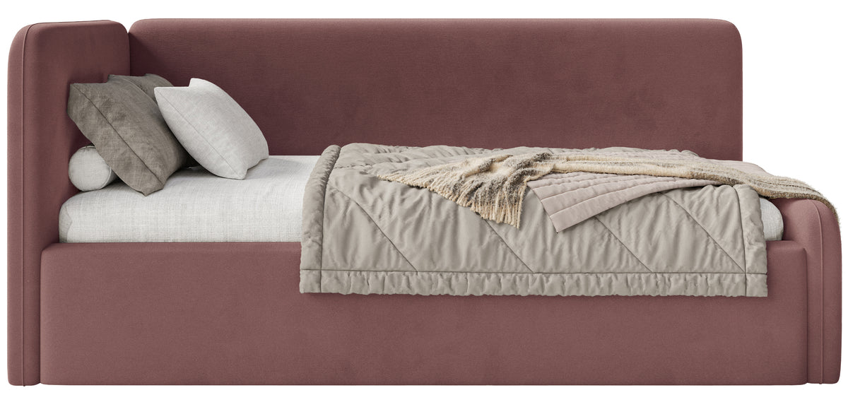 Lit junior 90x200 cm Fanklo gauche avec matelas et coffre rose velours hydrofuge facile à nettoyer