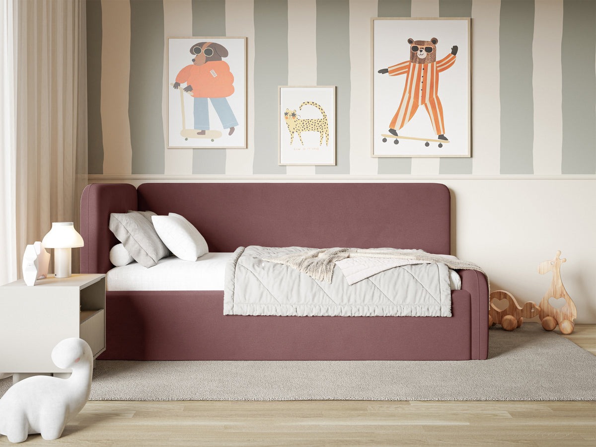 Lit junior 120x200 cm Fanklo gauche avec rangement et barrières, velours rose hydrofuge et facile à nettoyer