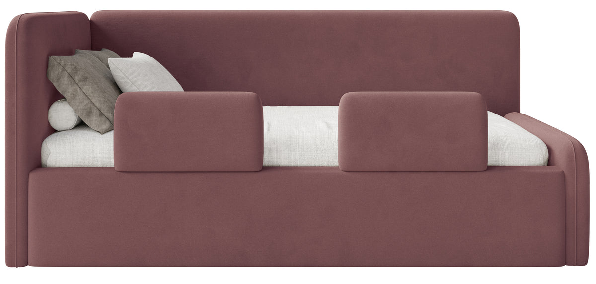 Lit junior 120x200 cm Fanklo gauche avec rangement et barrières, velours rose hydrofuge et facile à nettoyer