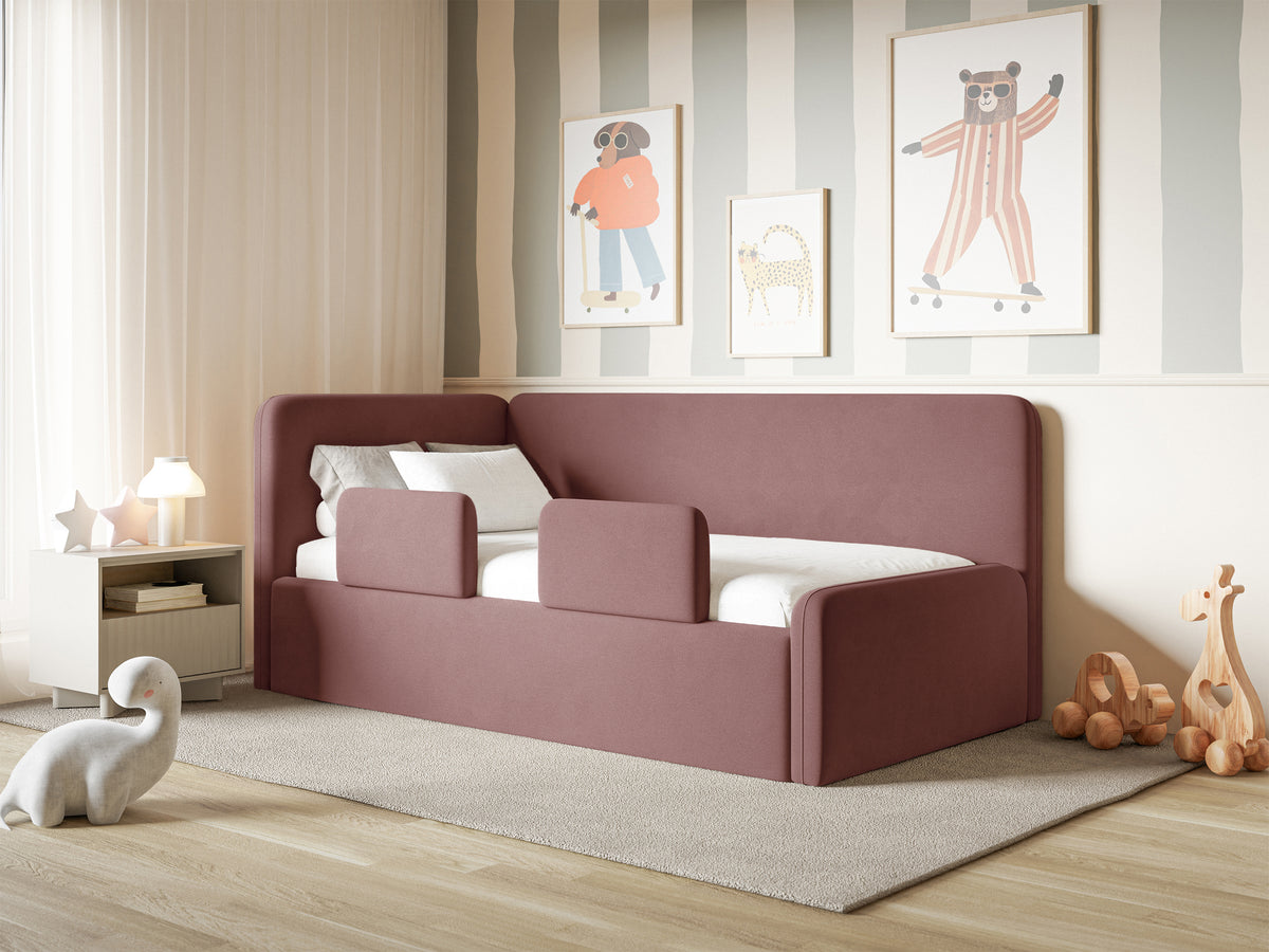 Lit junior 120x200 cm Fanklo gauche avec rangement et barrières, velours rose hydrofuge et facile à nettoyer