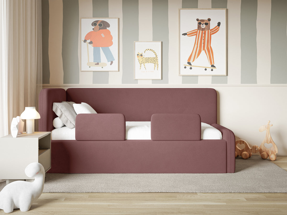 Lit junior 120x200 cm Fanklo gauche avec rangement et barrières, velours rose hydrofuge et facile à nettoyer